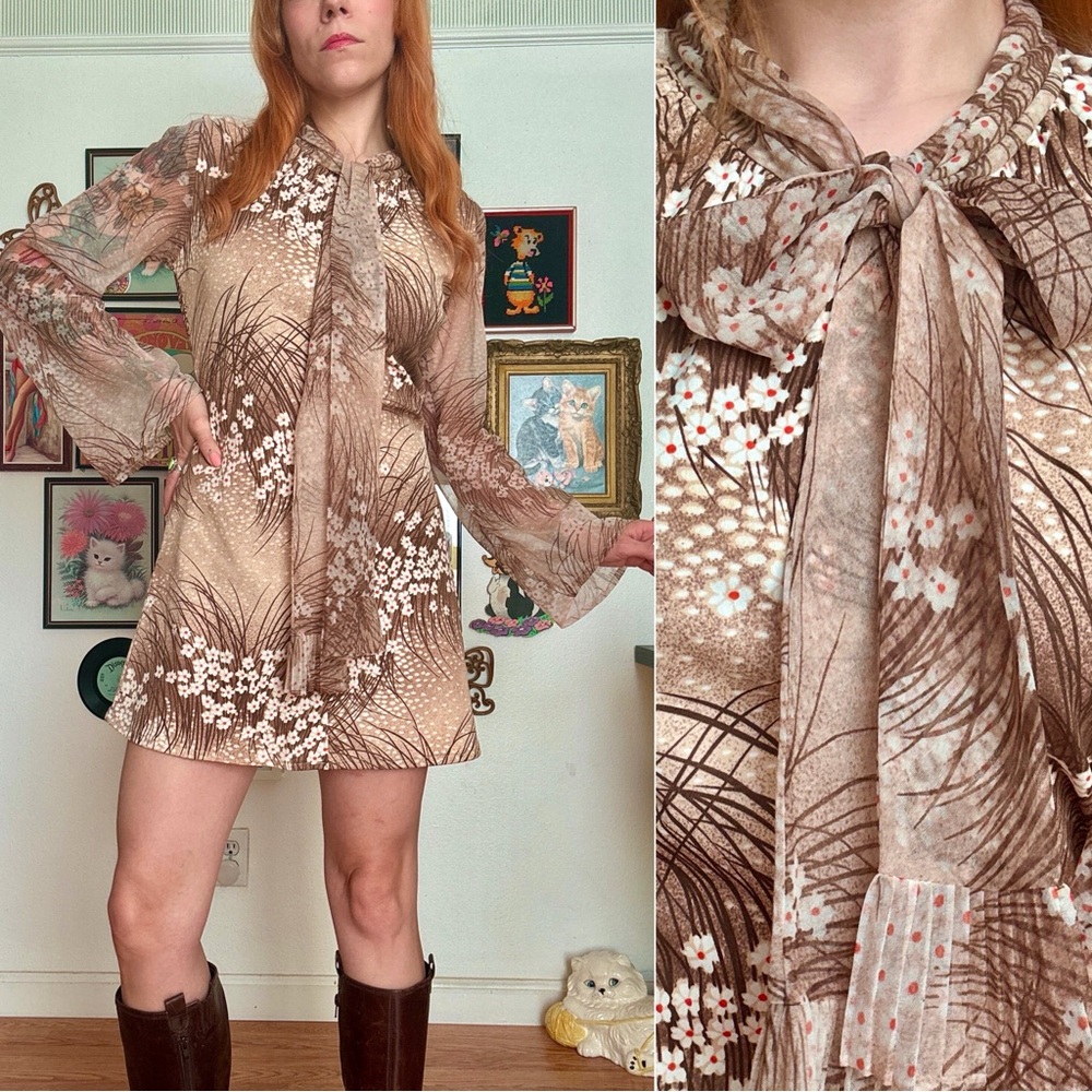 Vintage 60s Leslie Fay mini dress with sheer bell sleeves and tie (as is)